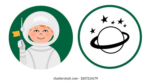 Pupil avatar with Astronomy class icon for web and design. Fun learning concept. Flat vector illustration