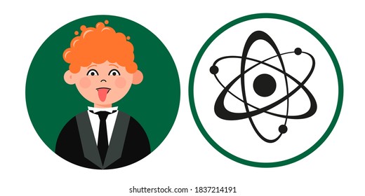 Pupil avatar with Physics class icon for web and design. Fun learning concept. Flat vector illustration