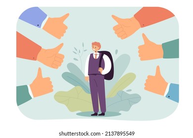 Pupil con mochila rodeada de pulgares hacia arriba. Niño de traje oficial respetado por la sociedad de ilustración vectorial plana. Educación, concepto de opinión pública para banner, diseño de sitios web o página web de aterrizaje