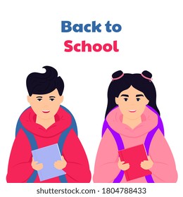 Pupil boy and girl. Kids with backpacks and books ready to go back to school