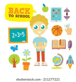 Pupil boy holding book in his hand. Back to school. Isolated vector illustration. School supplies. Design for stickers, logo, web and mobile app.
