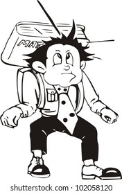 Pupil boy and math textbook fallen on his head. Vinyl-ready EPS Illustration, black and white sketch.
