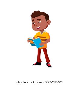 Pupil Boy Reading Book In School Corridor Vector. Happy African Schoolboy Standing And Read Educational Book. Character Preparing For Lesson Or Examination Flat Cartoon Illustration
