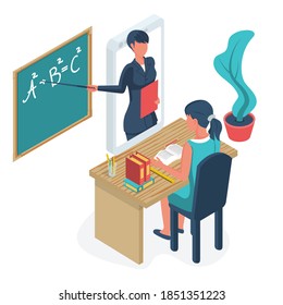 Pupil boy sitting in front of a computer at an online lesson. Teacher and classmates in the school online chat. Remote education. Vector isometric. E-learning landing page. Work desk with notebooks.