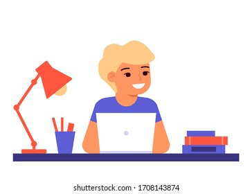 Pupil boy is sitting on laptop and studying lesson. Child learns remotely. Home school, web e-learning, online education, knowledge concept. Vector flat style illustration