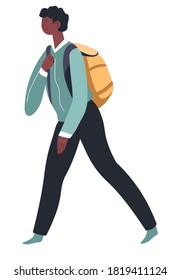 Pupil carrying satchel on shoulders, isolated male character with backpack. Smart school boy, student hurrying for lessons. Preschooler or teenager in movement, vector in flat style illustration