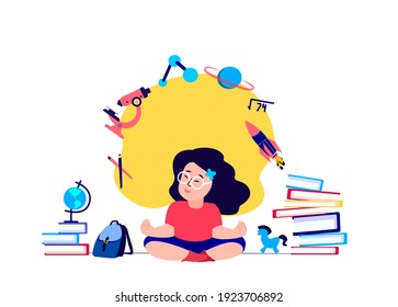 Pupil Child Girl Meditating,Claming Down,Relieve Stress.Studying,Getting Education. Lesson Tutorial Education. Teaching Process.Knowledge for Student.Study Homework,Schooling.Books Vector Illustration