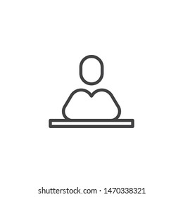 Pupil at the desk line icon. linear style sign for mobile concept and web design. Student sitting at the table outline vector icon. Symbol, logo illustration. Vector graphics