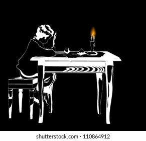 The pupil doing homework from candles