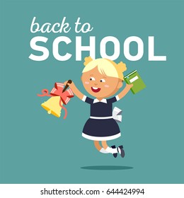 Pupil dressed in school uniforms are holding textbooks and with bell. Flat illustration of young girl ring the bell. Happy kid ready come back to school.