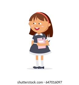 Pupil dressed in school uniforms are holding textbooks. Flat illustration of young girl. Happy kid ready come back to school.