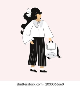 Pupil. Education. Vector flat illustration. A girl in a school uniform with a briefcase goes to class.