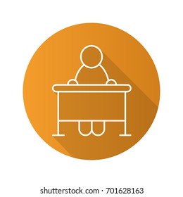 Pupil flat linear long shadow icon. School student sitting at desk. Vector outline symbol