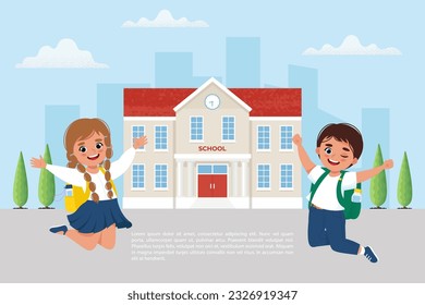 Pupil Girl and Boy with school bags near school building, happy children. Back to school concept. Flat design vector illustration