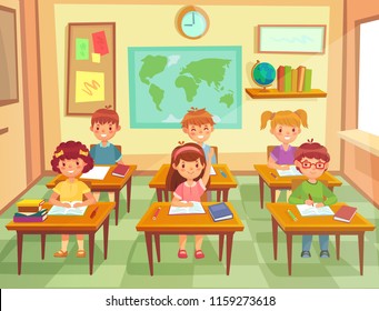 Pupil kids at classroom. Primary school children pupils education, smiling boys and girls character study in schools small class room, learning knowledge colorful cartoon vector illustration