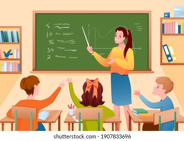 Pupil kids and teacher in classroom vector illustration. Cartoon woman teacher character teaching children, holding pointer standing at blackboard. School lesson education at class interior background