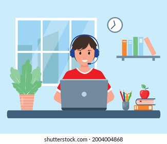 Pupil with laptop studying online at home in room near window. Happy smiling boy doing homework or on computer. Online Education, homework or Back to school concept. Vector illustration in flat style.