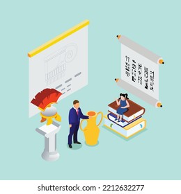 Pupil learning world history, greek and roman culture isometric 3d vector illustration concept for banner, website, illustration, landing page, flyer, etc.