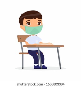 Pupil at lesson with protective mask on his face flat vector illustrations set. Schoolboy is sitting in a school class at her desk. Virus protection concept. Vector illustration on a white background.