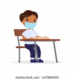 Pupil at lesson with protective mask on his face flat vector illustrations set. Dark skin schoolboy is sitting in a school class at her desk. Virus protection concept. Vector illustration 