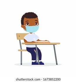 Pupil at lesson with protective mask on his face flat vector illustrations set. Dark skin schoolboy is sitting in a school class at her desk. Virus protection concept. Vector illustration 