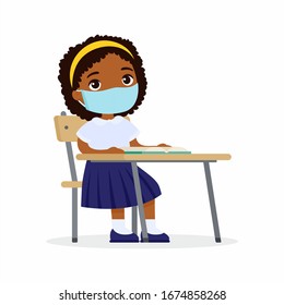 Pupil at lesson with protective mask on his face flat vector illustrations set. Dark skin schoolgirl is sitting in a school class at her desk. Virus protection, allergies concept. Vector illustration 