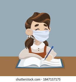 Pupil in mask is studying at the school