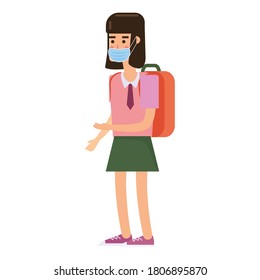 Pupil with protective mask on his face. Schoolgirl in school to protect from COVID-19 coronavirus concept. Vector isolated illustration