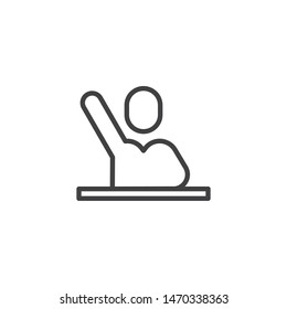 Pupil with a raised hand at the table line icon. linear style sign for mobile concept and web design. Studying, student outline vector icon. Education symbol, logo illustration. Vector graphics