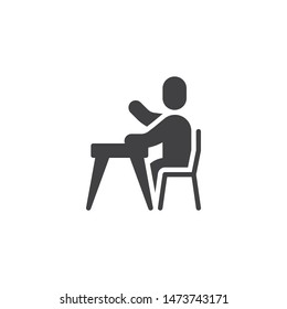 Pupil with raised hand vector icon. filled flat sign for mobile concept and web design. Student sitting at the desk glyph icon. Symbol, logo illustration. Vector graphics