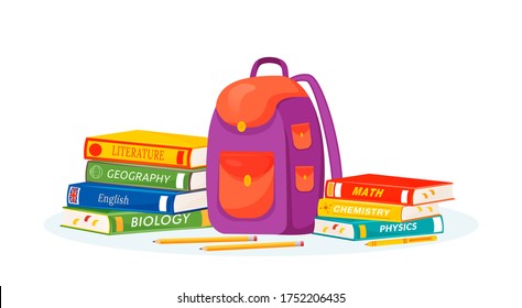 Pupil rucksack and textbooks flat concept vector illustration. Natural and formal sciences learning. High school subject metaphor. Student backpack, stationery and books 2D cartoon objects