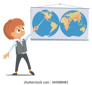 The pupil at the school in the classroom stands near the world map. Vector Illustration