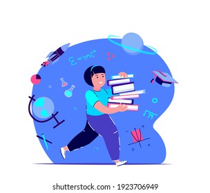 Pupil SchoolGirl Kid Hurrying,Class Tutorial Education. Elementary School for Children Students.Kid Study,Homework.Funny Lesson Learning.Clever Kid with Books Schooling.Pupil Study.Vector illustration