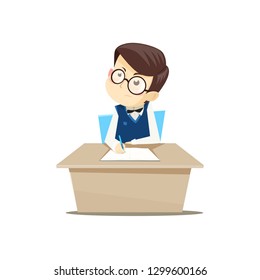 Pupil sitting at a desk and doing homework. Vector illustration.