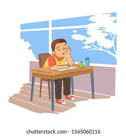 Pupil sleeping in school flat vector illustration. Tired schoolboy at desk with closed eyes cartoon character. Sleepy schoolkid sitting at table with notebook and apple in classroom.