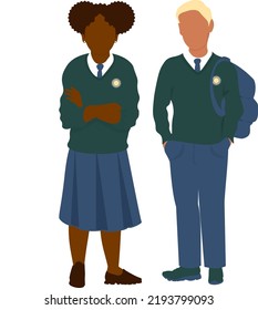 Pupil  standing in full growth. In school student uniform and with a briefcase. Caucasian boy and african american girl.
Confident posture. Back to school in september