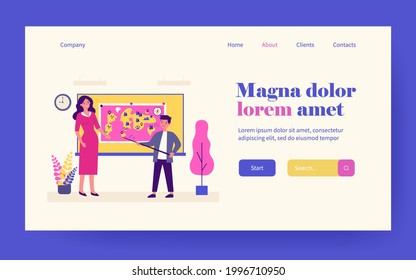 Pupil standing with pointer near map and teacher. Geography, compass, lesson flat vector illustration. Study and education concept for banner, website design or landing web page