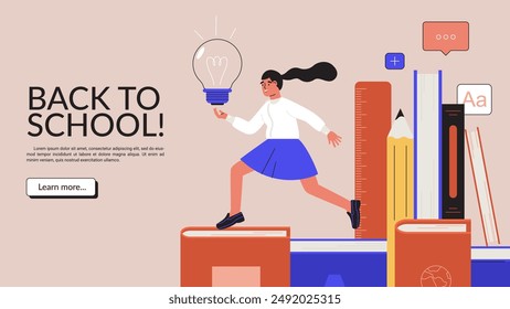 Pupil or student running with lightbulb on textbooks. Back to School flat landing page template. Learning concept or website banner. Graphic design creative vector illustration for web page
