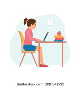 Pupil study  with laptop.Girl sitting at laptop and learning school lesson. Right Posture. Kid using gadget during lesson at primary school. Vector illustration
