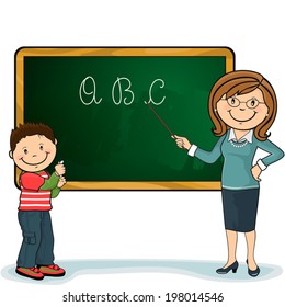 Pupil and teacher with his wand pointing a green chalkboard, which can be modified and enter your own text-no transparency blending-EPS-8.