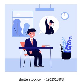 Pupil thinking of graduating from university. Boy in school uniform daydreaming in class flat vector illustration. School, graduation, education concept for banner, website design or landing web page