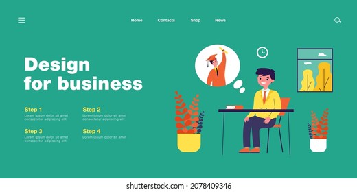 Pupil thinking of graduating from university. Boy in school uniform daydreaming in class flat vector illustration. School, graduation, education concept for banner, website design or landing web page