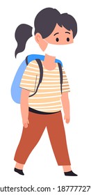 Pupil wearing protective mask going to school reopening during coronavirus quarantine. Female character with satchel on shoulders, student walking to college. Studying during covid vector in flat
