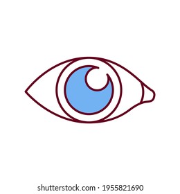 Pupil widening RGB color icon. Mydriasis. Stimulants, drugs, caffeine effects. Brain damage. Rising in intraocular pressure. Releasing in brain endorphins and adrenaline. Isolated vector illustration