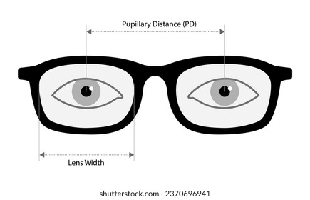 Pupillary distance measurement template Eye frame glasses fashion accessory medical illustration. Optical center Sunglass front view silhouette style, flat eyeglasses with lens sketch style outline 