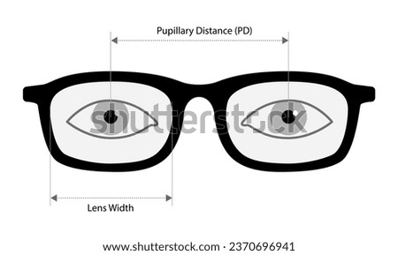 Pupillary distance measurement template Eye frame glasses fashion accessory medical illustration. Optical center Sunglass front view silhouette style, flat eyeglasses with lens sketch style outline 