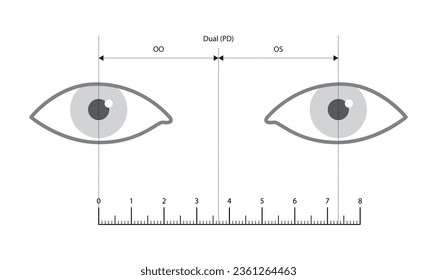 Pupillary distance measurement template with ruler Eye frame glasses fashion accessory medical illustration. Optical center Sunglass front view silhouette style, flat eyeglasses with lens sketch 