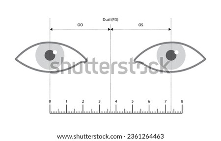 Pupillary distance measurement template with ruler Eye frame glasses fashion accessory medical illustration. Optical center Sunglass front view silhouette style, flat eyeglasses with lens sketch 