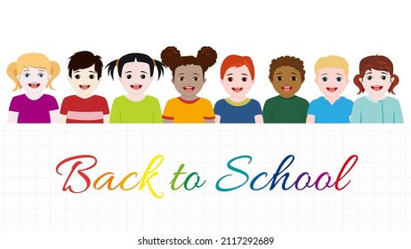 Die Schüler gehen zurück zur Schule. Kinder spielen sich hinter einer Mauer verstecken und gehen dann glücklich und lächeln. Vektorgrafik mit Text