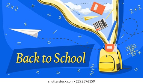 Pupils backpack with accessories for learning. Opened bag with school stationery and supplies. Back to school colorful poster. Student backpack exploding with education objects. Vector illustration